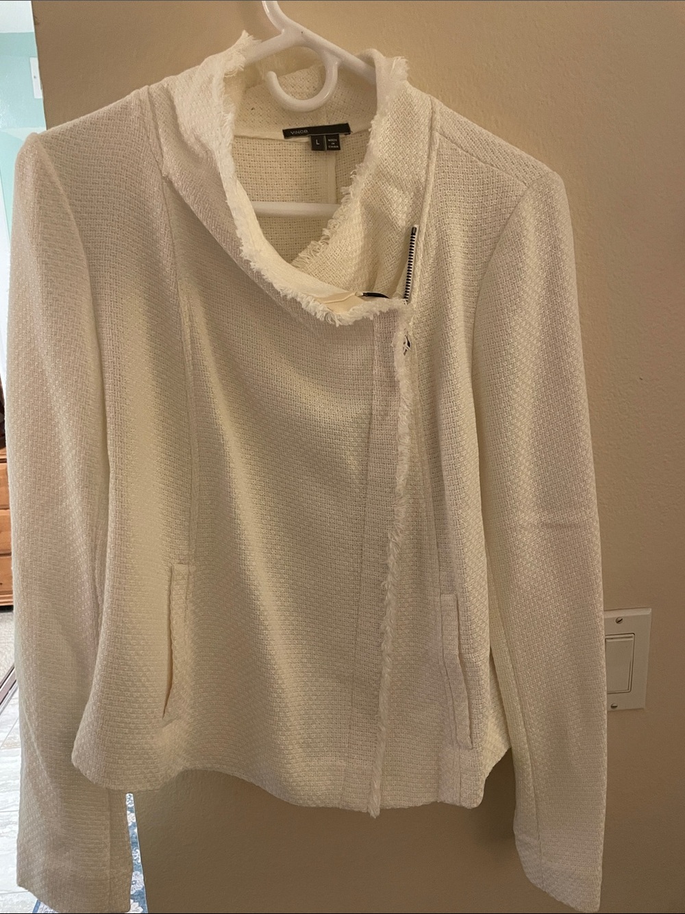 Vince White Frayed Collar Zip-Front Blazer